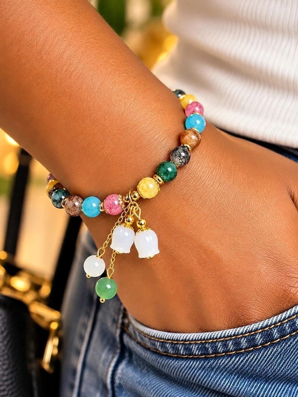 Multicolor & Gold Beaded Charm Bracelet